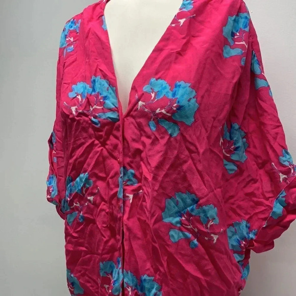 Maje Clowers Blouse Shirt Floral Print Button Down Short Sleeve Pink Blue Small - Picture 4 of 11